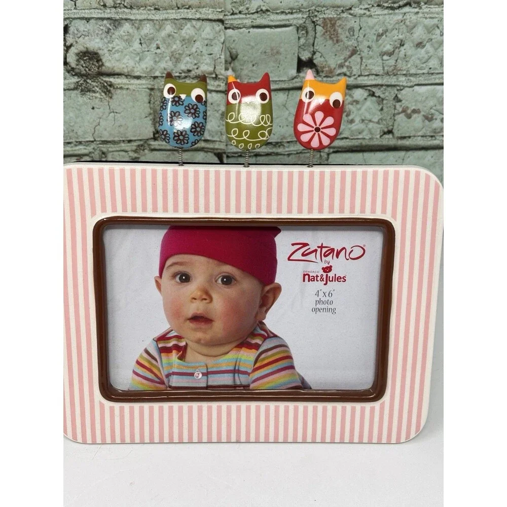 Demdaco Nat & Jules Girls Striped Pink White Ceramic Picture Frame Owls 4 X6”